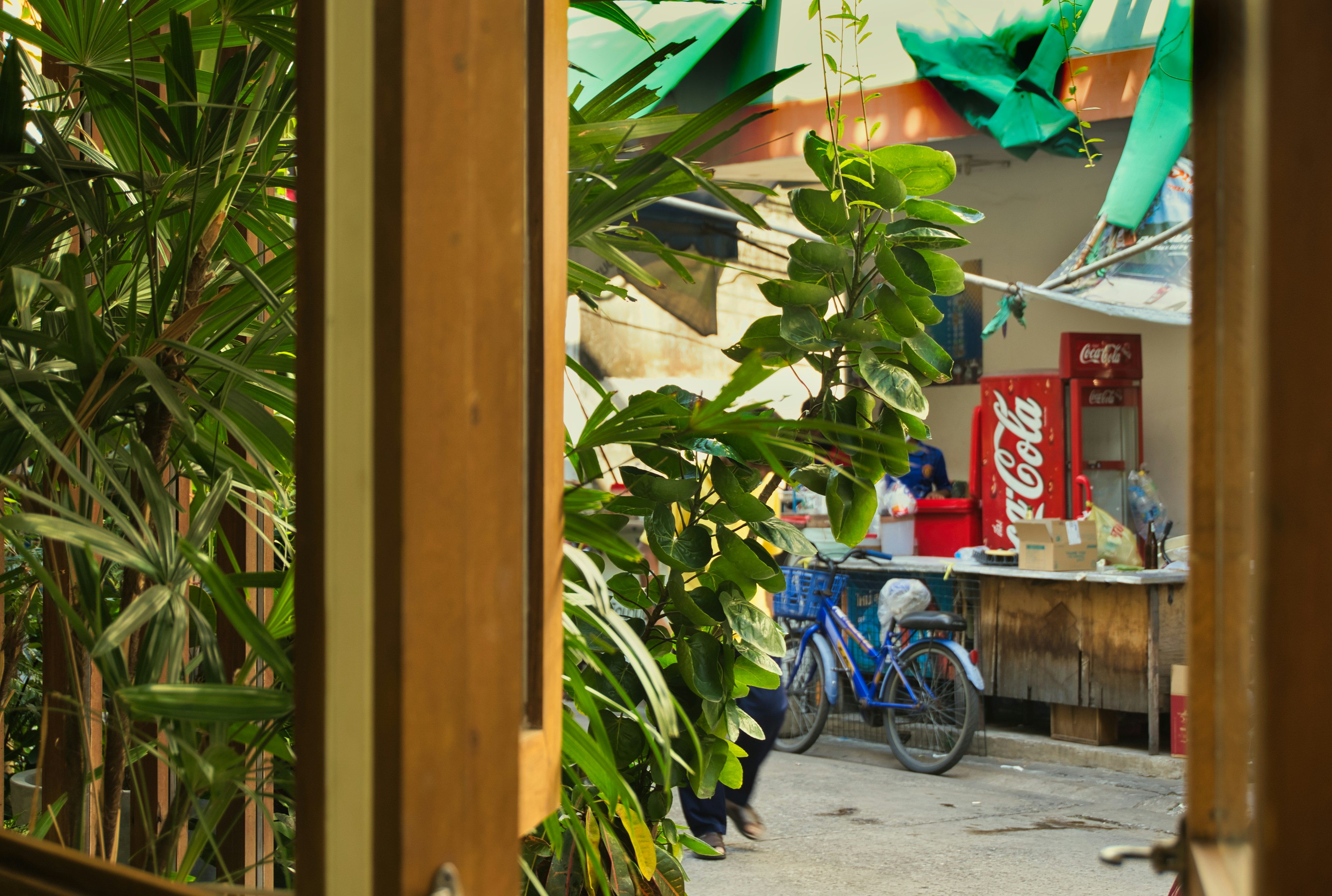 출입구를 통해 보이는 건물의 모습