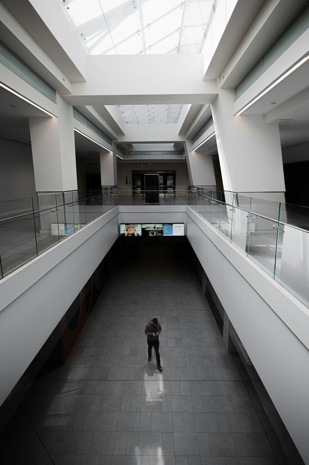 a person standing in a large building with a skylight