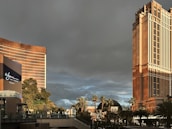 A city scene featuring modern architecture with a tall building labeled 'Palazzo' and the distinctive curved structure of the Wynn Las Vegas hotel. The sky is overcast, and there are palm trees visible in the foreground.