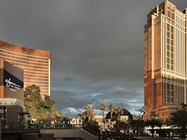 A city scene featuring modern architecture with a tall building labeled 'Palazzo' and the distinctive curved structure of the Wynn Las Vegas hotel. The sky is overcast, and there are palm trees visible in the foreground.
