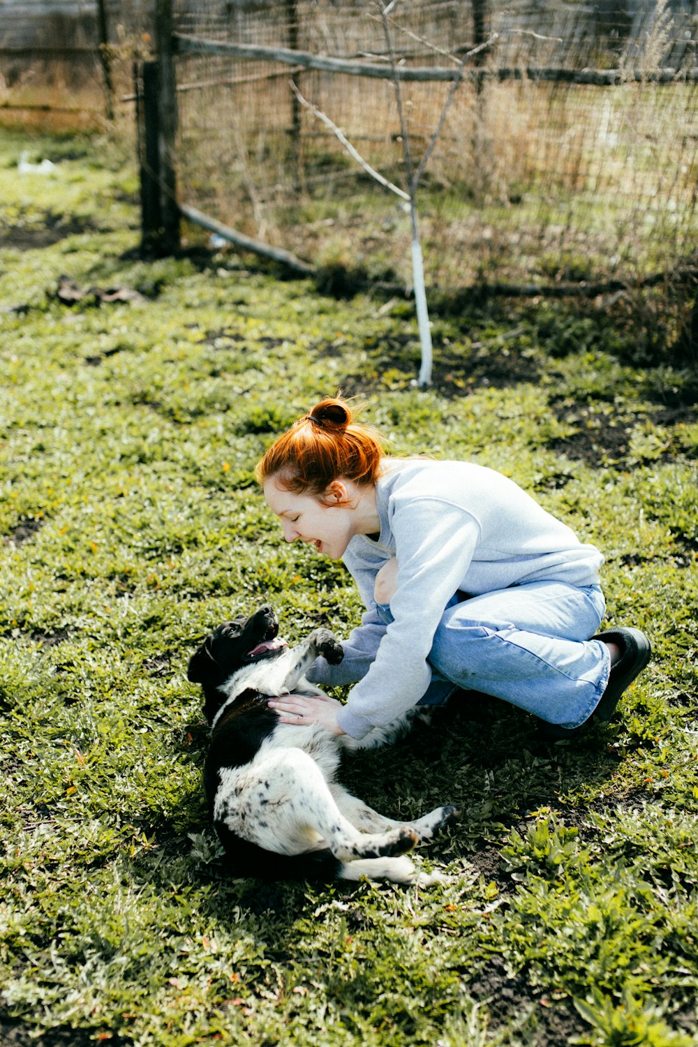 a woman is playing with a dog in the grass