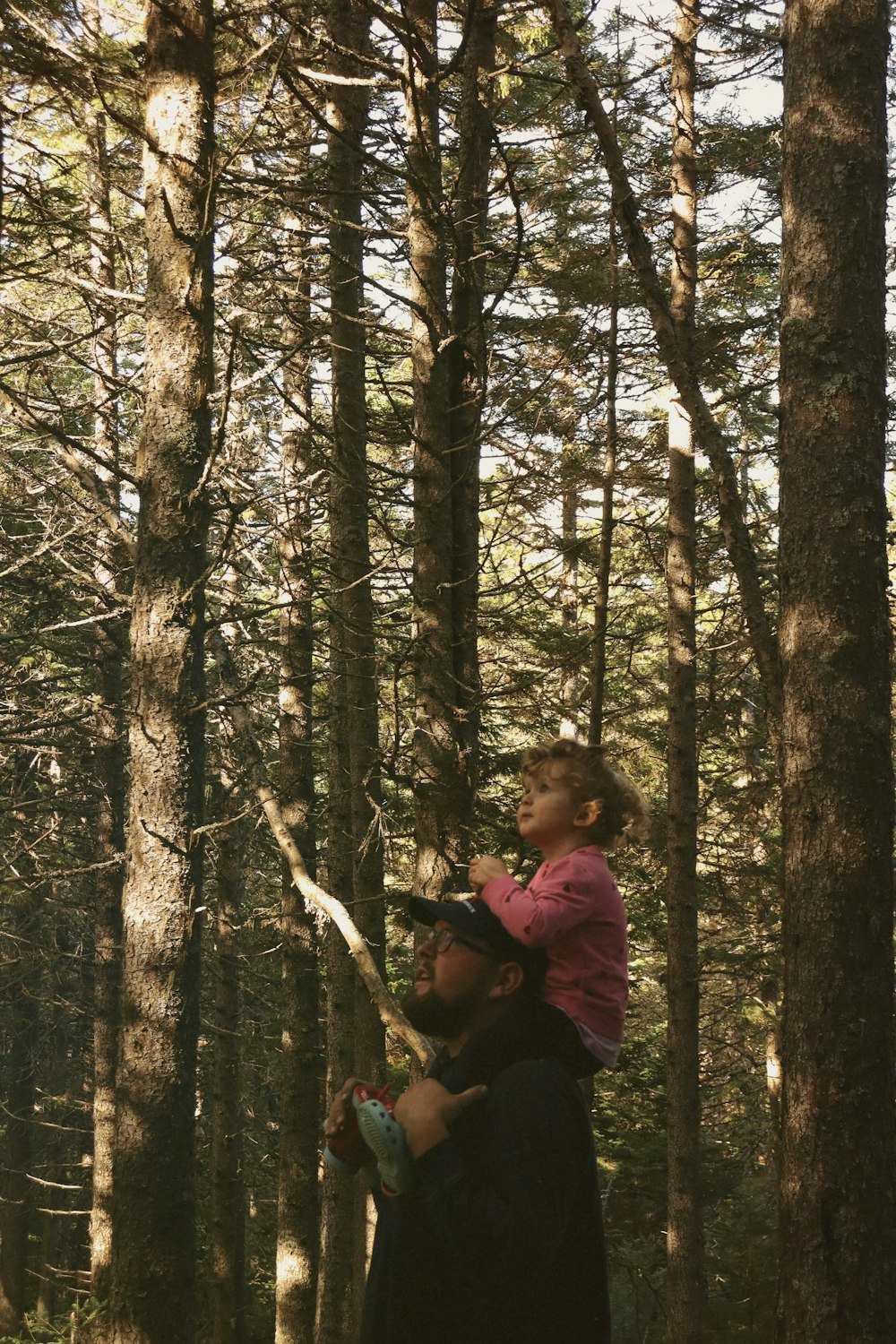 a man holding a little girl in the woods