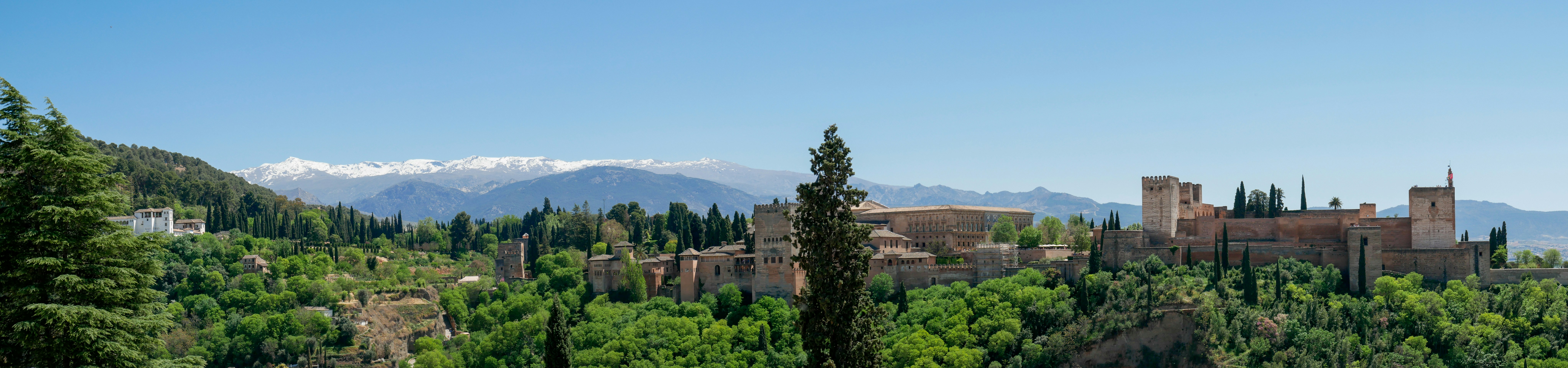 a castle in the middle of a forest with mountains in the background