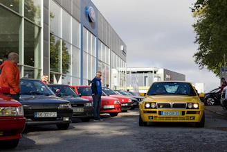 A lineup of various Ford vehicles parked outside a friendly local garage.