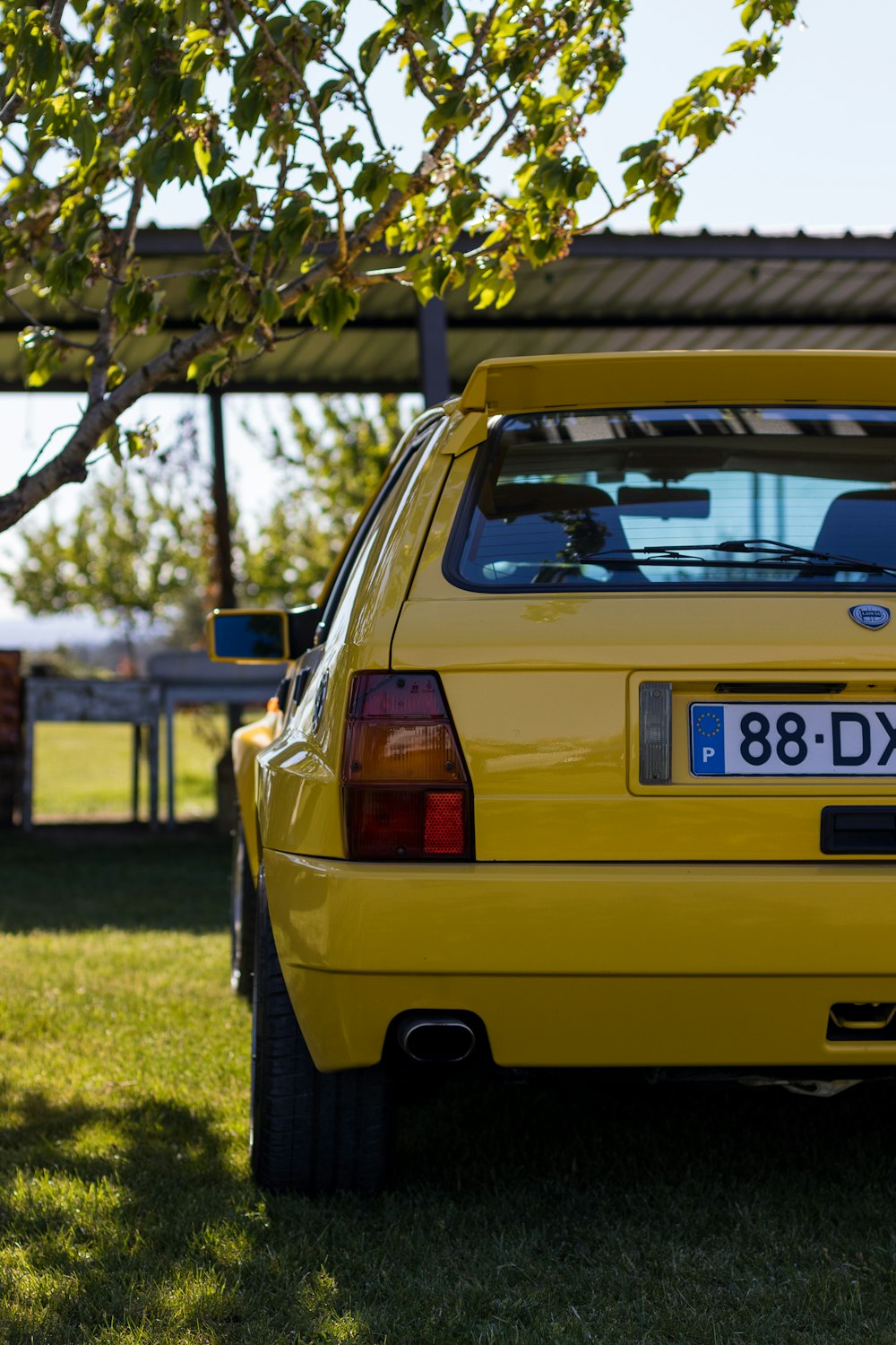a yellow car parked in the grass under a tree