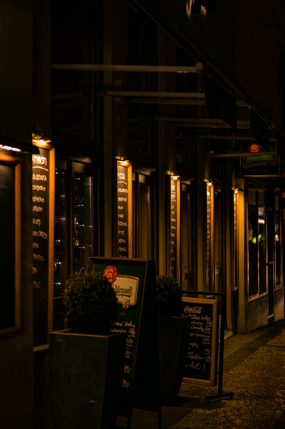 Una calle oscura por la noche con un letrero y plantas en macetas