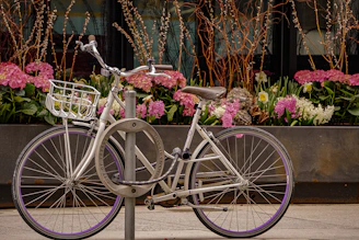 Sturdy bike lock coiled neatly next to a basket filled with fresh flowers near a café.
