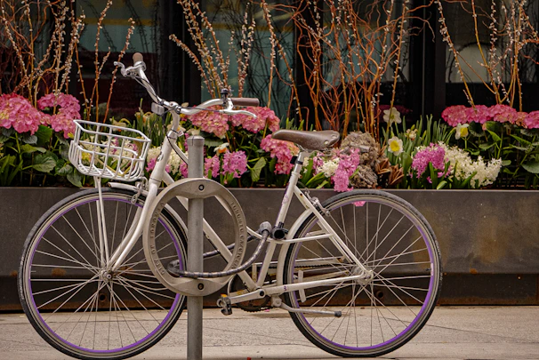 Sturdy bike lock coiled neatly next to a basket filled with fresh flowers near a café.