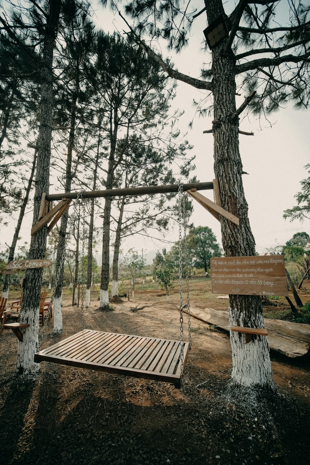 a wooden bench sitting in the middle of a forest