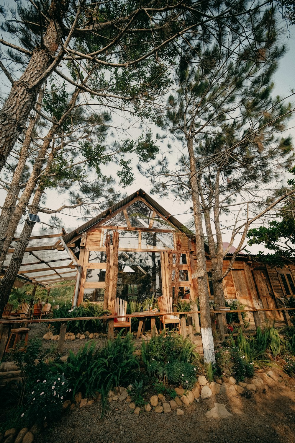 a wooden house surrounded by trees in a forest