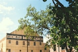 A light-colored building with a sign that reads 'Ebenezer Baptist Church' is partially obscured by a leafy tree. The structure is set against a clear blue sky, evoking a serene and sunny day. Multiple small rectangular windows can be seen on the building's facade.