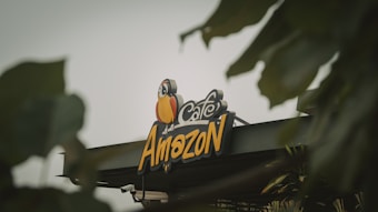 A colorful sign featuring a cartoon parrot representing a cafe named Amazon, partially obscured by green leaves in the foreground.