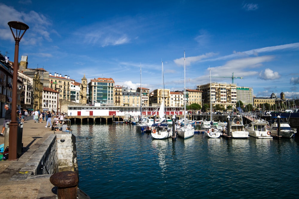 a harbor filled with lots of boats next to tall buildings