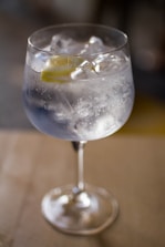 a glass filled with ice and a lemon wedge
