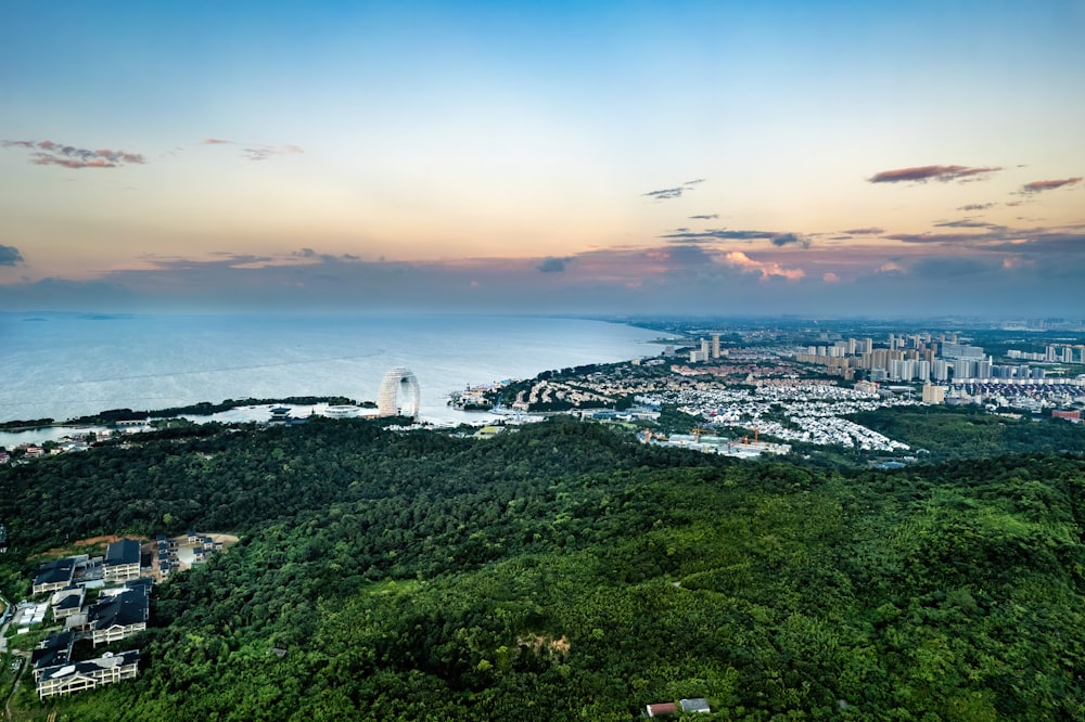 an aerial view of a city and a body of water