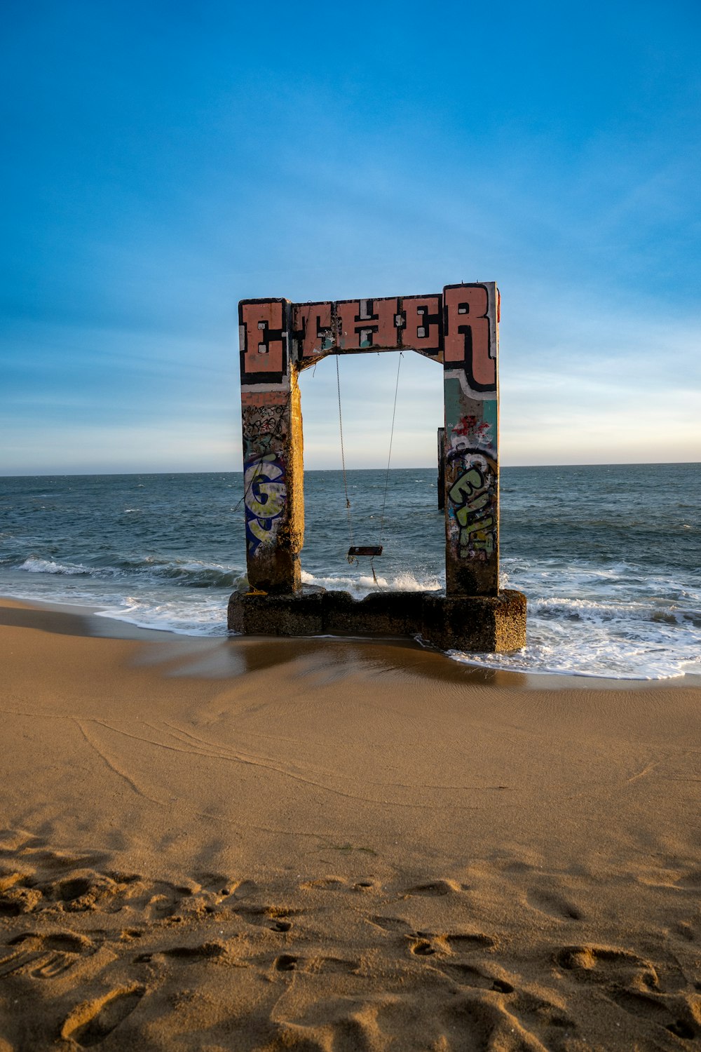 a sign that is sitting in the sand