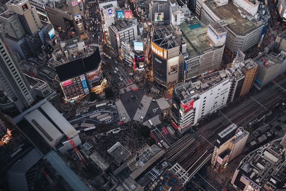 an aerial view of a city at night