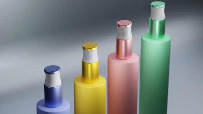Close-up of colorful custom-designed cosmetic bottles arranged on a display.