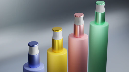 Close-up of a cosmetic packaging line with colorful bottles being sealed.