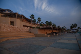 An outdoor area featuring a large stone and concrete tiled patio with steps leading up to a building on the left. The building has a rustic, natural look with exposed stonework and wooden pergolas. Palm trees are scattered throughout the scene, some of which are next to the building. The sky is partially cloudy with a blue and warm golden hue indicating either sunrise or sunset.