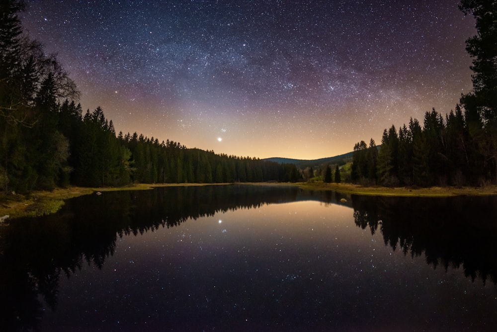 a lake surrounded by trees under a night sky
