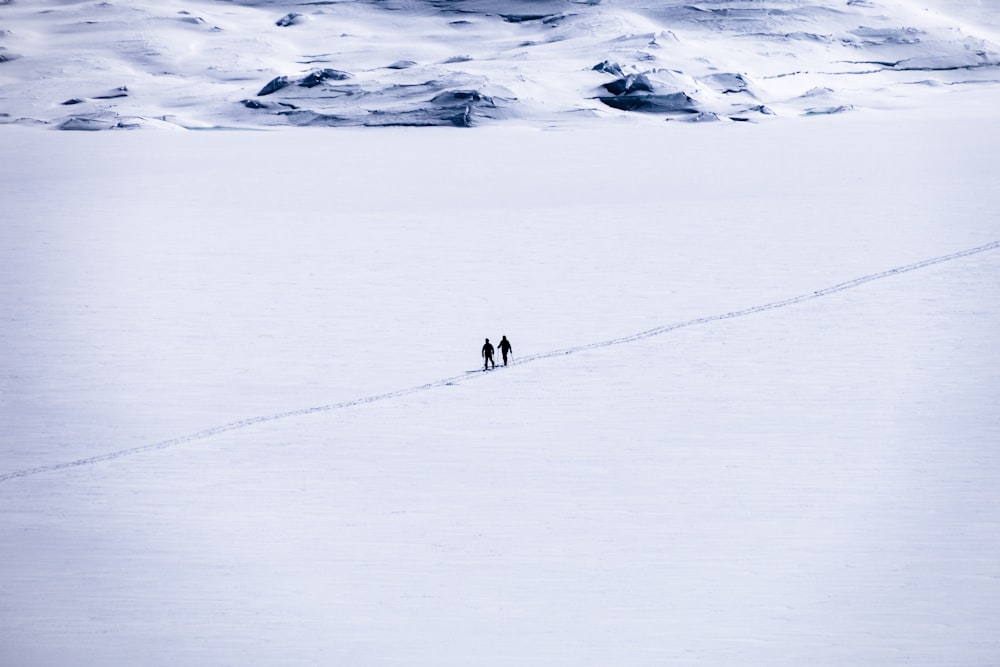 Ein paar Leute, die über ein schneebedecktes Feld laufen