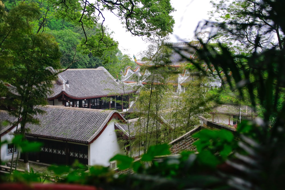 a view of a building through the trees