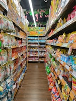 Colorful snack packages neatly arranged on shelves in a modern store setting.