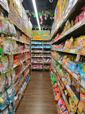A colorful aisle in a store is lined with various packaged snacks on both sides. Brightly colored bags and boxes create a vibrant and appealing display. Overhead, pink flowers and green leaves hang decoratively from the ceiling. The shelves are stocked with different snack brands, featuring a wide range of colors and designs.