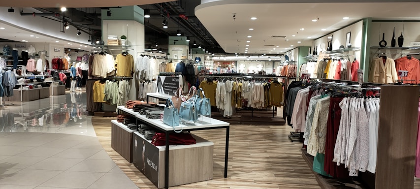A well-lit clothing store interior featuring neatly arranged racks of clothing. There are various sections with diverse apparel including shirts, jackets, and pants in multiple colors. The center displays handbags and a table with folded clothes. The store has a modern design with wooden flooring and spotlights on the ceiling.