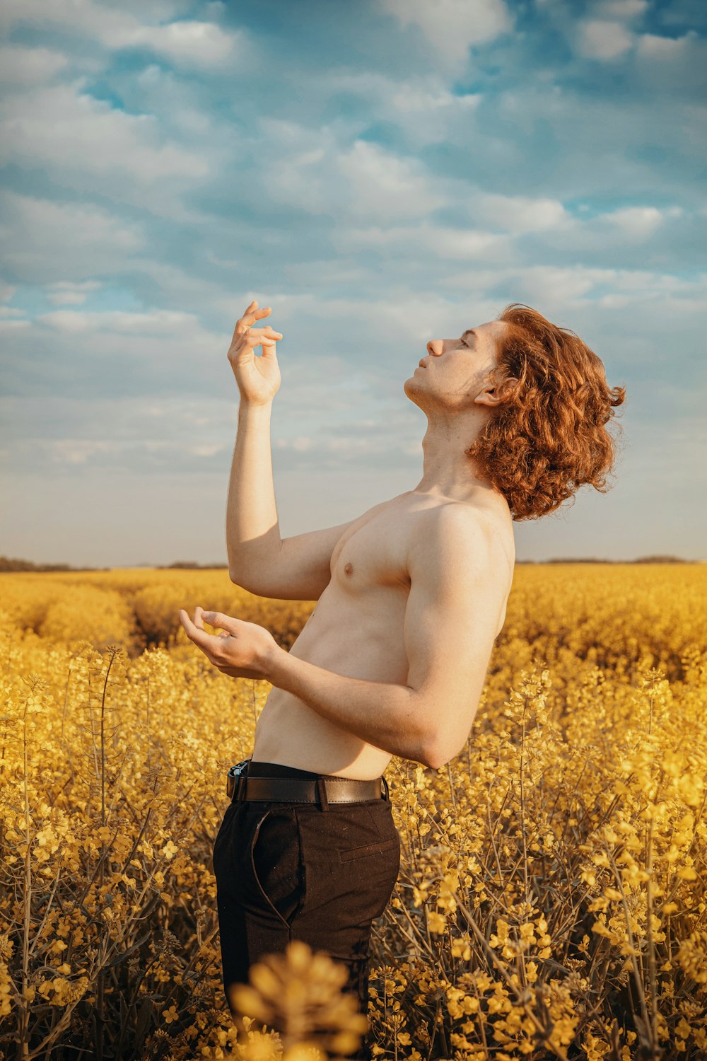 a man standing in a field of yellow flowers