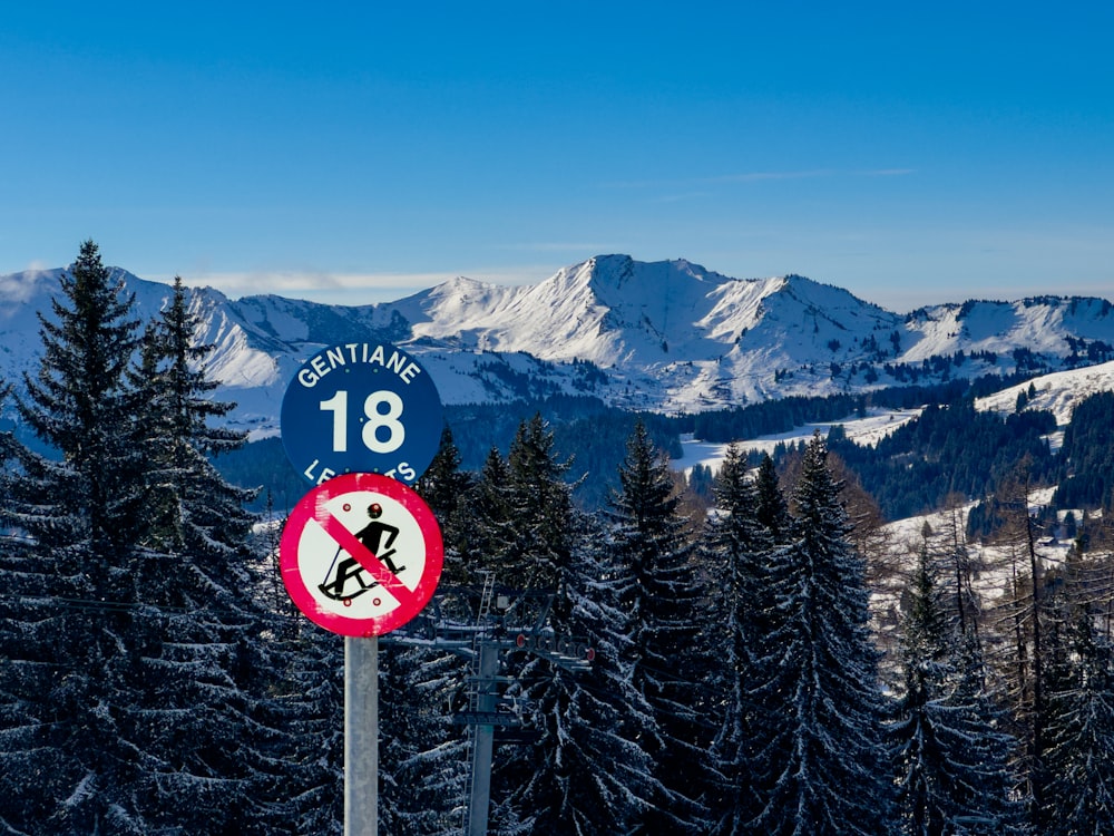 a street sign on a pole in front of a mountain range