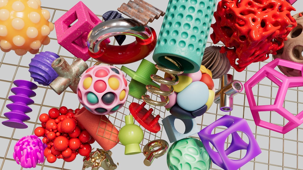 a bunch of colorful objects are hanging on a rack