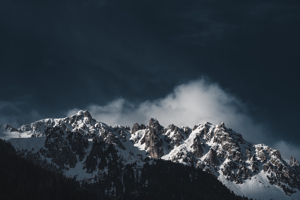 a snow covered mountain under a cloudy sky