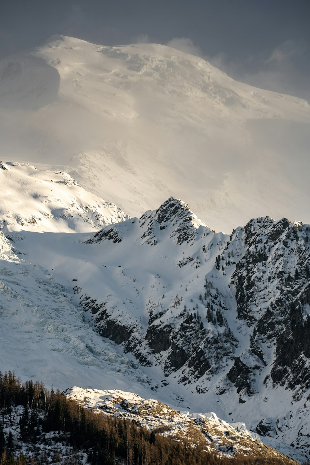 a mountain covered in snow and surrounded by trees