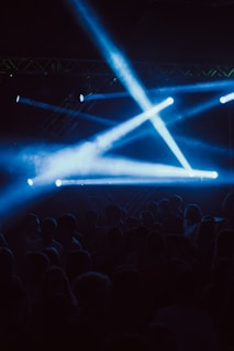 Crowd dancing under dark blue lights at a night show with Manolo Pastor’s silhouette on stage