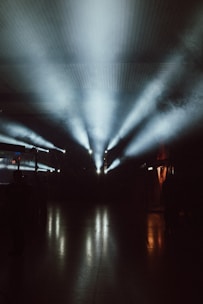 Bright, converging beams of light illuminate a dimly lit room with a reflective floor. The atmosphere is filled with fog or haze, enhancing the visibility of the light rays emanating from the ceiling. Shadows of people and structures are visible in the background.