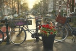 Bicycles are parked on a bridge overlooking a serene canal lined with trees and traditional buildings. A pot full of vibrant red flowers is prominently displayed in the foreground, enhancing the picturesque urban scene.