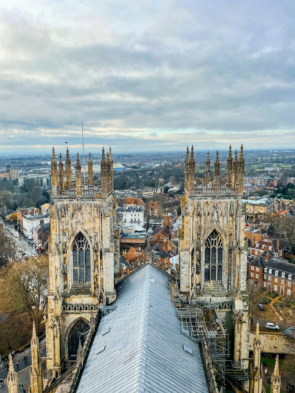 an aerial view of a cathedral in england