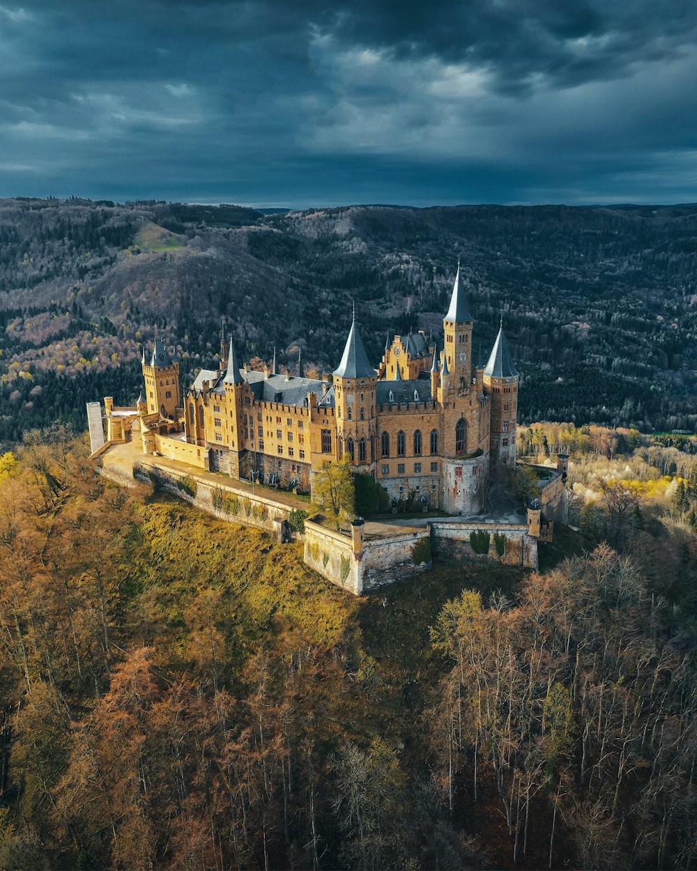 an aerial view of a castle in the middle of a forest