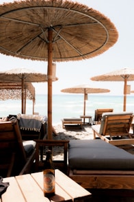 a bottle of beer sitting on top of a wooden table