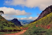 a dirt road going through a lush green valley