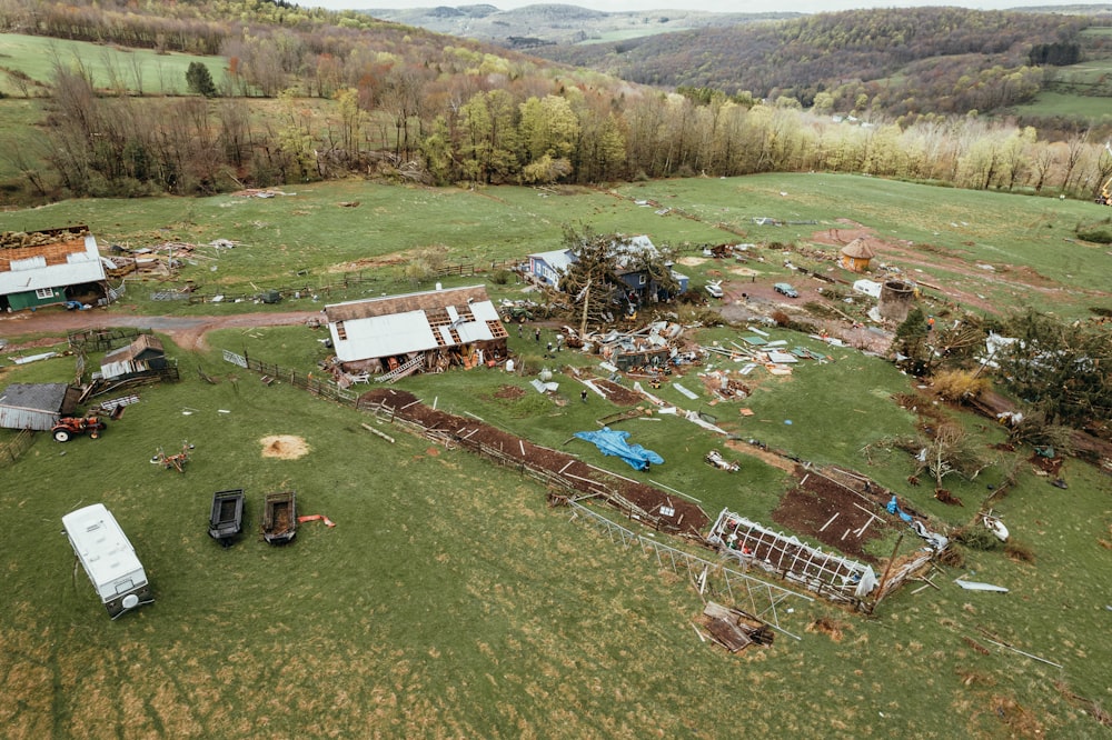 an aerial view of a farm with a lot of debris