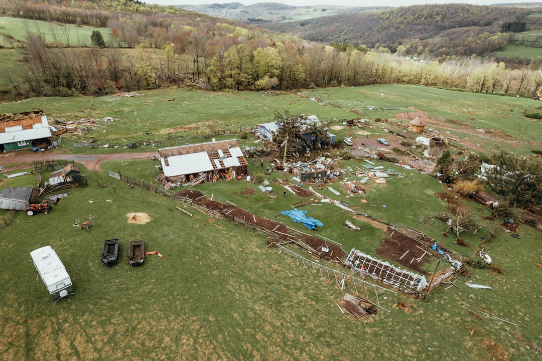 an aerial view of a farm with a lot of debris, Damage from a tornado in Callicoon Center NY 1/16 (IG: @clay.banks)