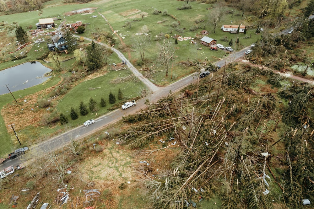 an aerial view of a neighborhood with a lot of trees