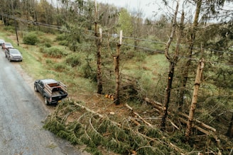 a couple of cars parked on the side of a road