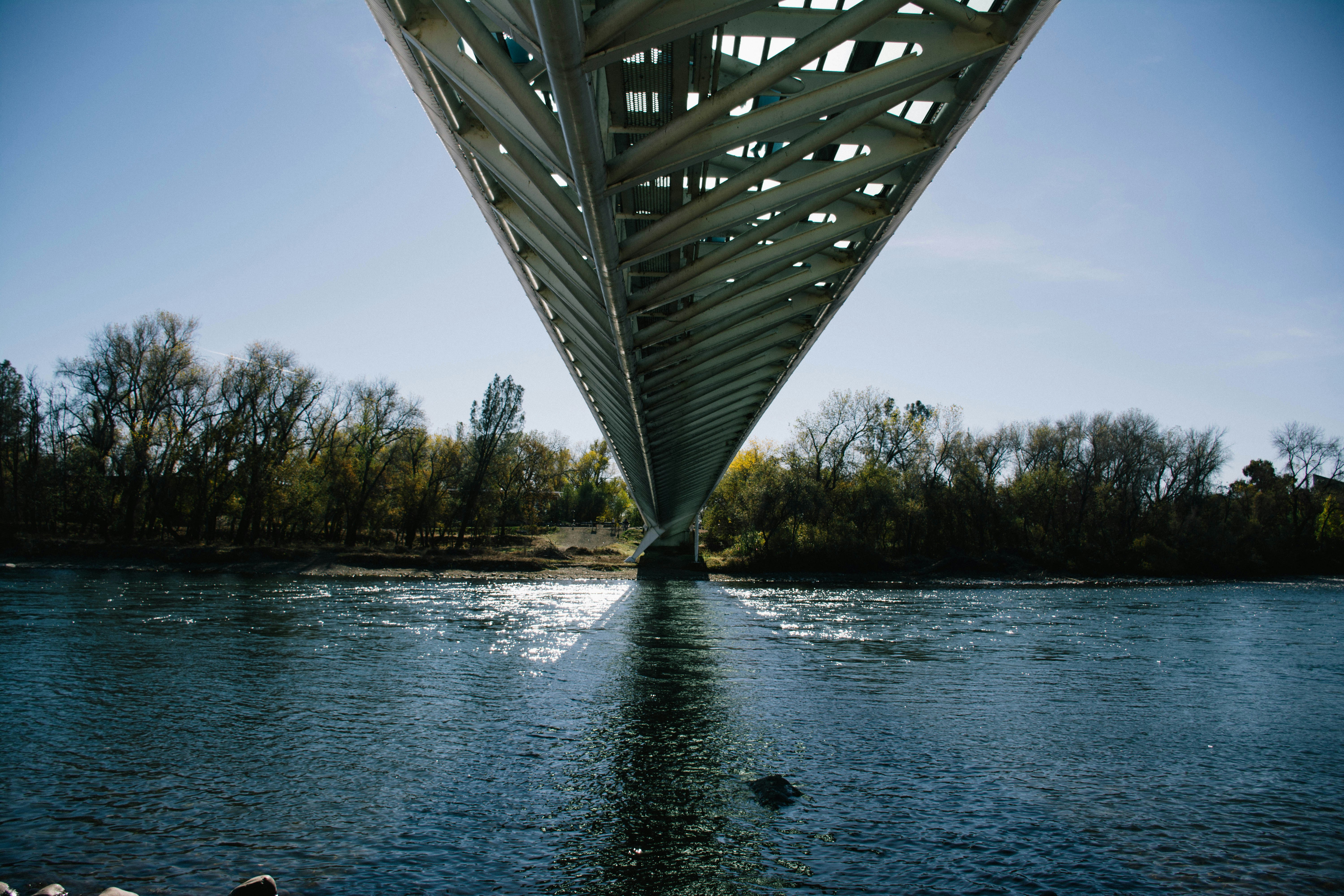 the underside of a bridge over a body of water
