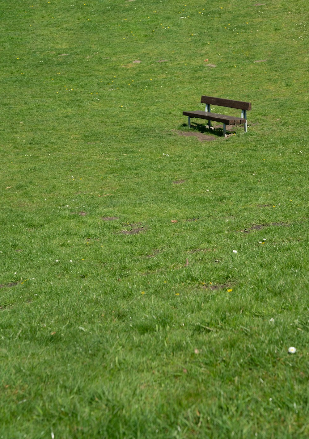 a park bench sitting on top of a lush green field