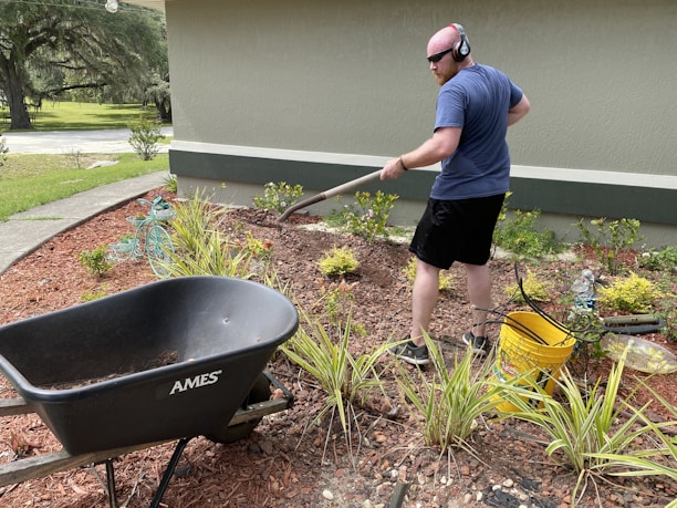 A person is engaged in gardening activities, using a rake to work on the flower bed in a landscaped yard. They are wearing headphones and casual clothing. Nearby, a black wheelbarrow labeled 'AMES' and a yellow bucket can be seen. The surrounding environment includes green plants, mulch, and a garden hose.