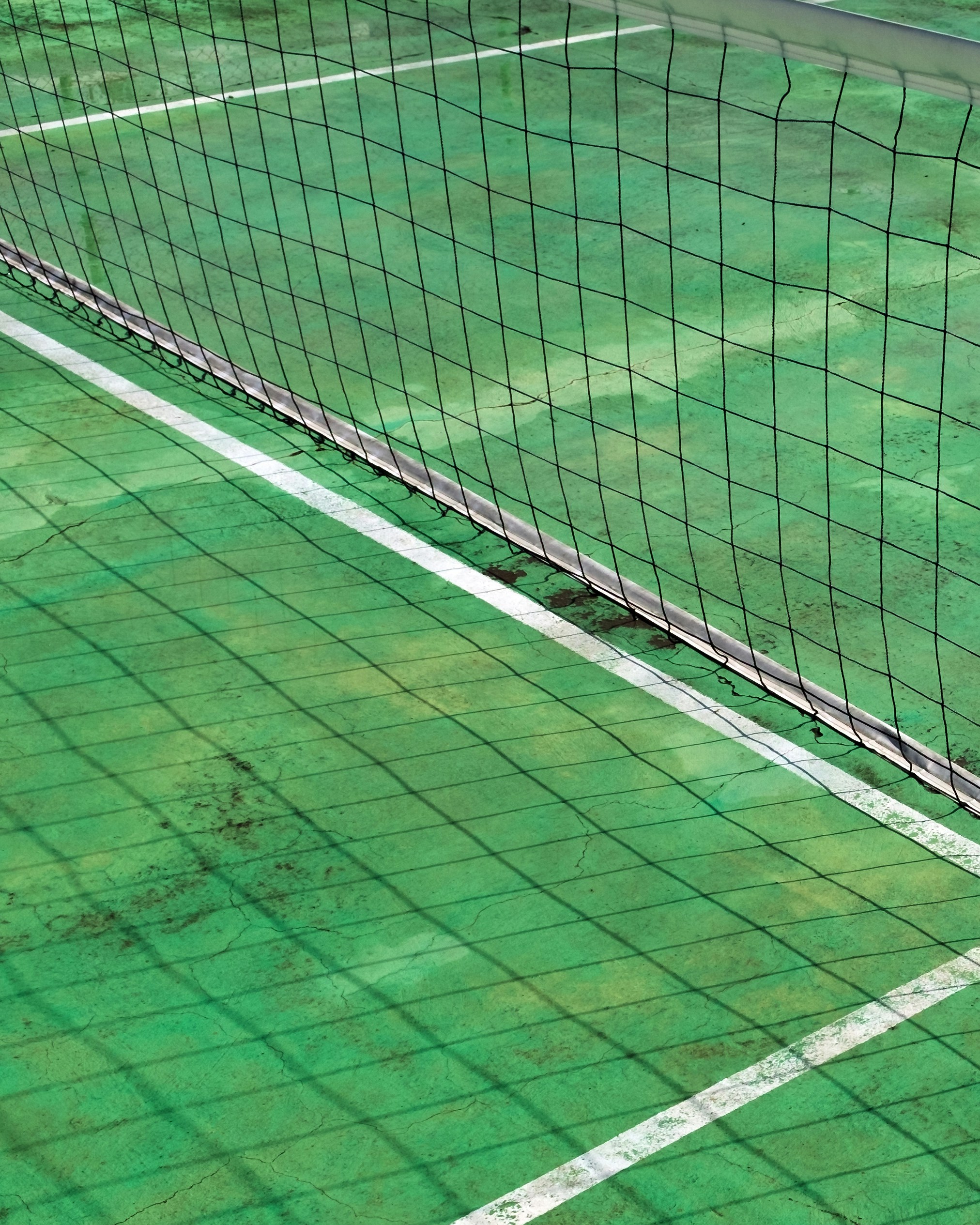 a tennis court with green grass and white lines